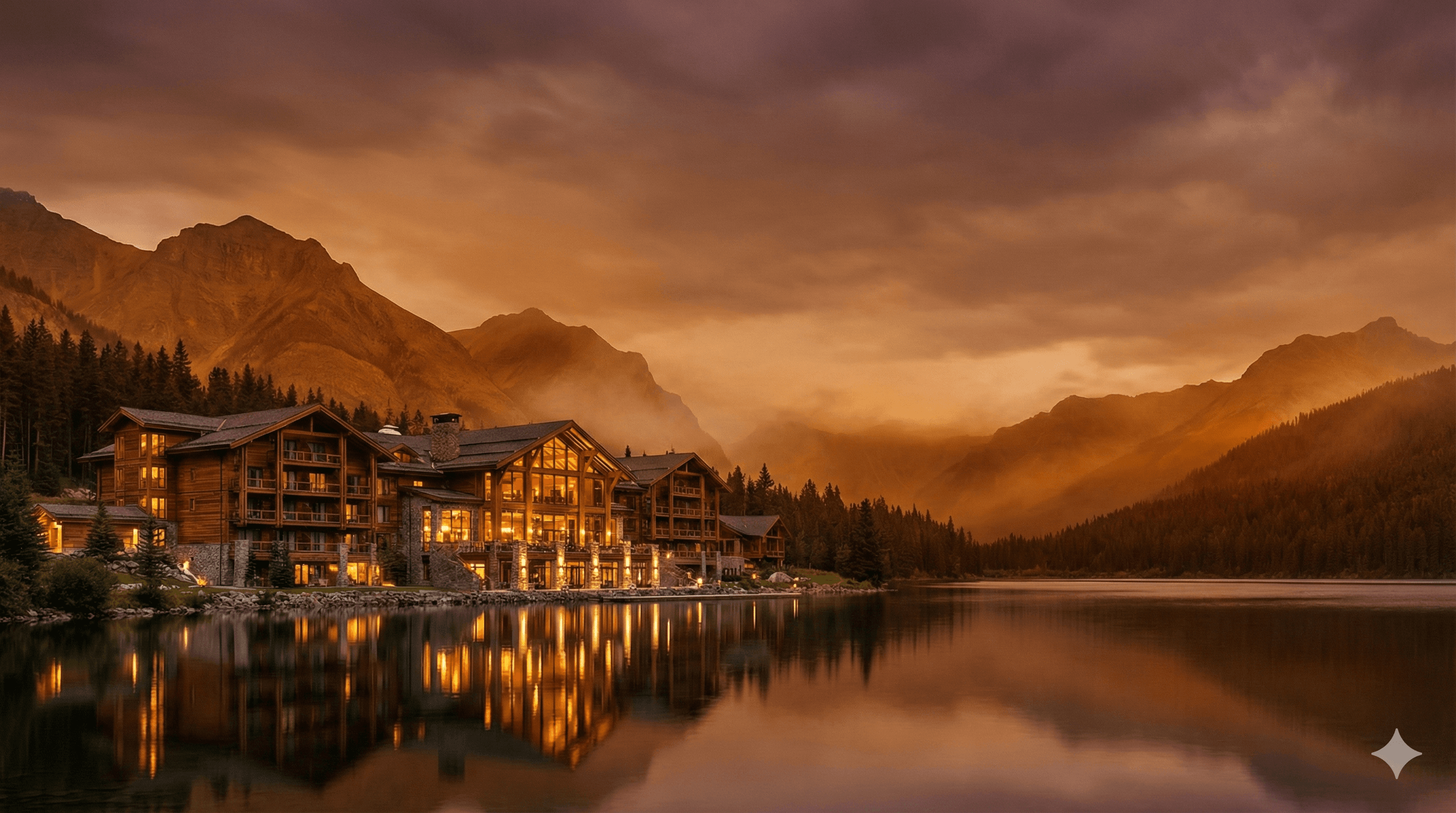 群山与森林中的两间木屋